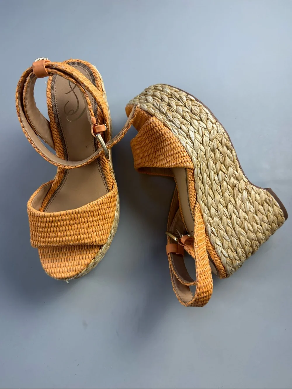 Sam Edelman April Raffia Platform Wedge Espadrille Sandals Marigold Orange 7.5